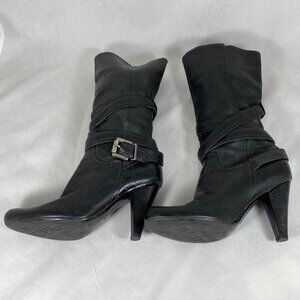 BCBGIrls Leather High Heeled Wrap Around Buckle Boots Sz 6.5B GRINGE 90s GOTH